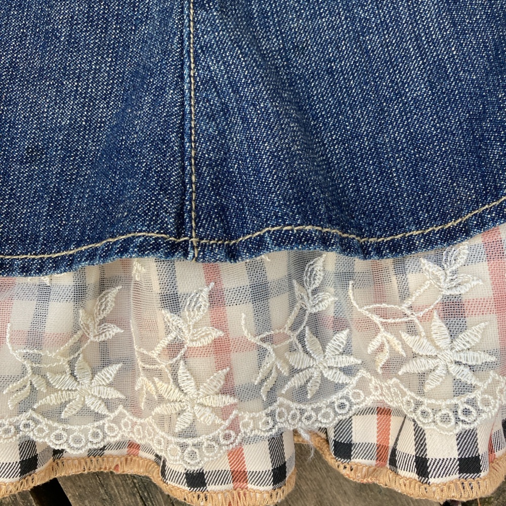 Boho IN LOOK JEANS Skirt Denim Blue Brown Cream Plaid Lace Ruffle Size 12 EU42 - Picture 14 of 14